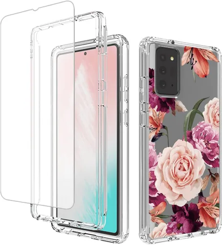Miniatura 9 de Funda para Galaxy Note 20 5G, SM-N981U con protector de pantalla de vidrio templado, carcasa de cuerpo completo con diseño floral transparente