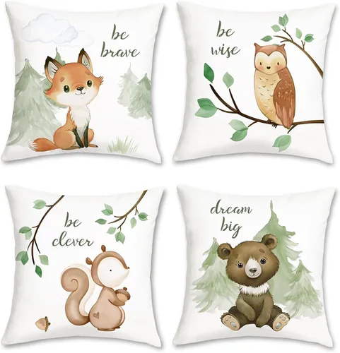 Bonhause Juego de 4 fundas de almohada de animales del bosque, 18 x 18 pulgadas, diseño de oso zorro, ardilla, búho, para niños, para sofá, aula,