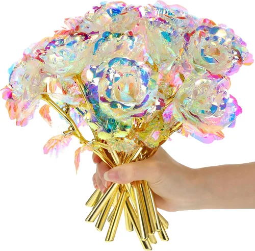 Miniatura 7 de Lyrow 12 rosas de galaxia con tallos, regalo para ella, rosa de cristal falsa preservada para siempre, 24 quilates, para decoración de cumpleaños