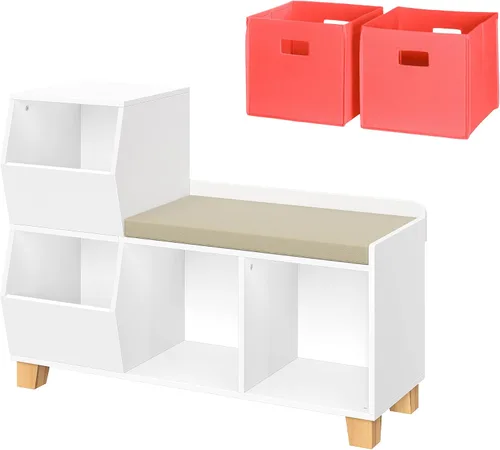 Miniatura 11 de RiverRidge Banco organizador de almacenamiento de juguetes para niños con cubos y cubos de juguetes para sala de juegos, organizador de cubos