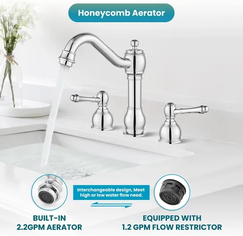 Miniatura 3 de gotonovo Grifos de baño de 8 pulgadas de extensión amplia para lavabo de 3 orificios, 2 manijas de palanca, montaje en cubierta con drenaje
