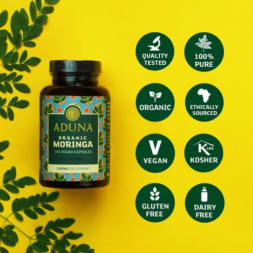 Miniatura 4 de Aduna Cápsulas de moringa orgánica de 1500 mg Hoja de moringa 100% pura para energía, inmunidad y concentración Suplemento alimenticio natural a