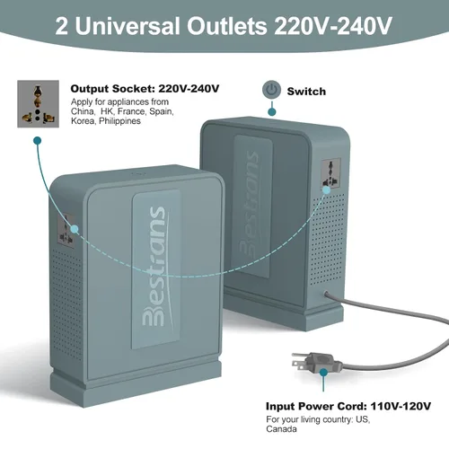Miniatura 3 de Transformador elevador de 2000 W, convertidor de 110 V a 220 V, convertidor de voltaje resistente de 110 V-120 V a 220 V-240 V con dos tomas, Gris