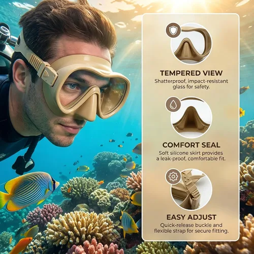 Miniatura 2 de Máscara profesional de buceo sin marco y esnórquel para adultos, antivaho, protección UV, vidrio templado, buceo, apnea, pesca submarina, conjunto