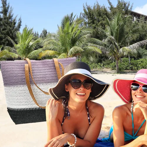 Miniatura 99 de Bolso grande de paja para mujer, tejido de ratán, bolso de playa de verano, a rayas