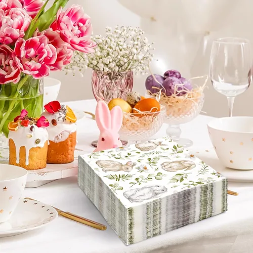 Miniatura 6 de Paquete de 50 servilletas de papel de Pascua, acuarela, conejo, desechables, servilletas decorativas para cena, suministros de vajilla para fiestas