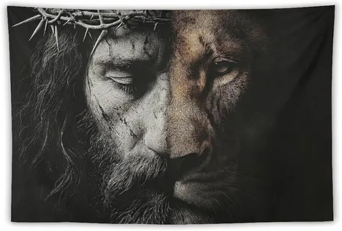 Miniatura 10 de JYOUQOC Tapiz de Jesús y el León para decoración de pared, arte de pared grande, telón de fondo para colgar para dormitorio, sala de estar