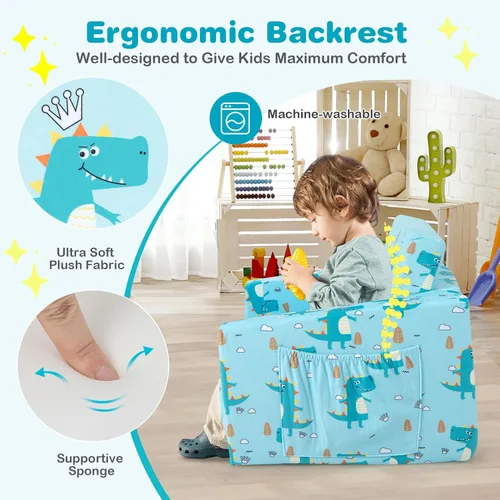 Miniatura 5 de HONEY JOY Sofá para niños pequeños, sofá convertible 2 en 1 con patrón de dinosaurio, silla plegable extra suave para niños y niñas, muebles de sala