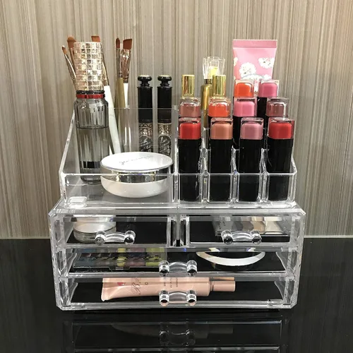 Miniatura 9 de Ikee Design Organizador de maquillaje acrílico con 4 cajones y soportes removibles para lápices labiales en la parte superior, ideal para maquillaje