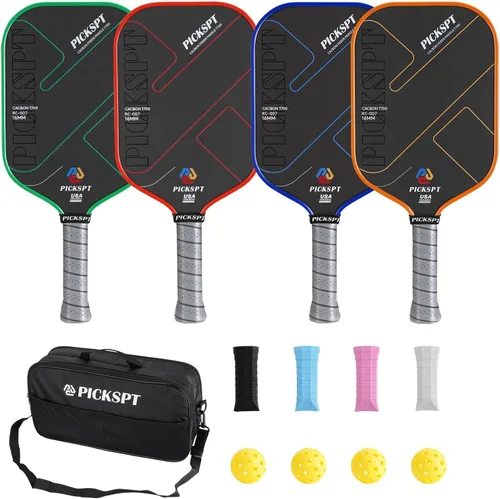 USAPA Approved Pickleball Paddles: 3K/T700 Carbon Fiber Surface, Polypropylene Core, Lightweight (7.8-8oz), with Pro Bundle (Balls, Grips, Bag) &