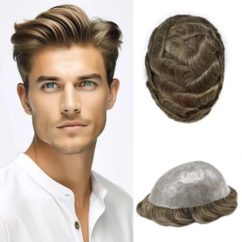 Miniatura 46 de Peluca completa de poliuretano para hombre, sistemas de reemplazo de cabello humano, piel fina y duradera, para hombre, prótesis de cabello