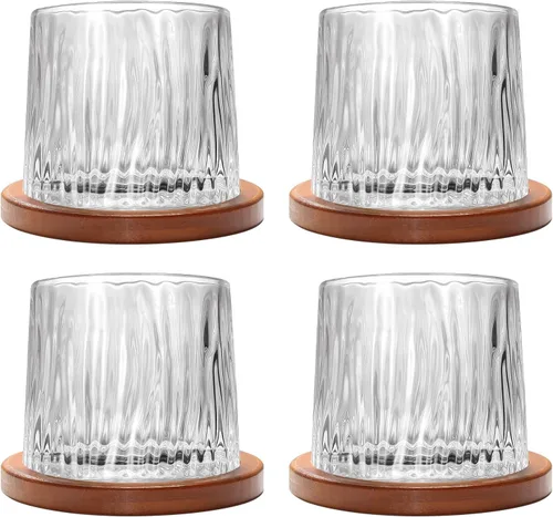 Miniatura 27 de Vaso de vidrio antiguo giratorio, 275ml/10oz de vidrio de whisky de cristal, posavasos de madera, engrosamiento, utilizado como vaso de ron, vaso