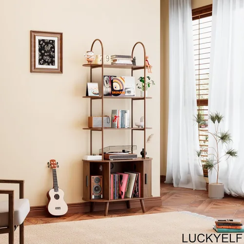 Miniatura 5 de Soporte Alto para Tocadiscos de Vinilo, Estantería de 4 Niveles con Puertas Corredizas, Gabinete Retro Pequeño para Almacenamiento de Discos