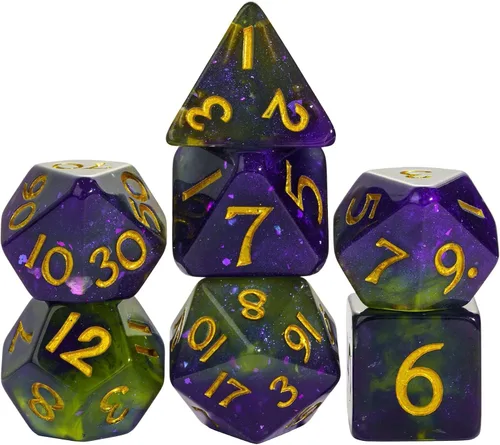 Miniatura 32 de Juego de dados de resina para DND, juego de 7 dados poliédricos negros D&D rellenos con papel de colores brillantes para juegos de rol