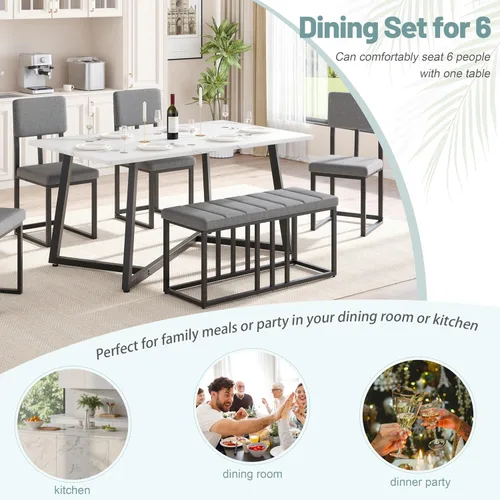 Miniatura 6 de HUGROVE Juego de mesa de comedor de 6 piezas, mesa rectangular de mármol sintético de 51.18 pulgadas con 4 sillas de comedor tapizadas de lino