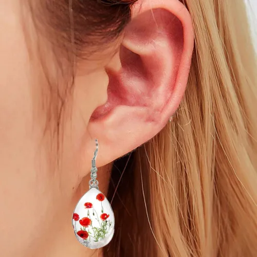Miniatura 3 de Pendientes de gancho de lágrima, diseño de amapolas de cristal, cabujón de cristal