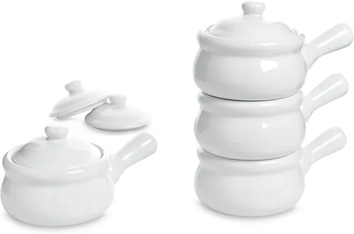 Miniatura 7 de HIC Kitchen Crocks de sopa de cebolla francesa con asas y tapas, cerámica de cerámica, marrón, 14 onzas, juego de 4