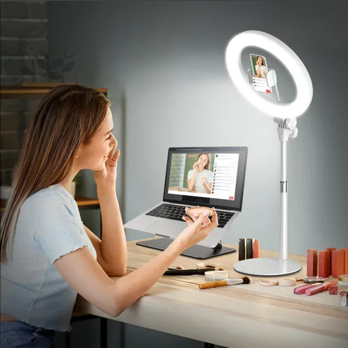 Miniatura 10 de Anillo de luz de escritorio de 10 pulgadas con soporte, iluminación de zoom con soporte para teléfono para computadora, videollamadas, conferencias