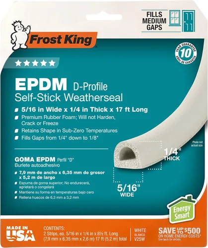 Miniatura 4 de Frost King V25WA Cinta autoadhesiva de hule de sección D, 5/16" de ancho, 1/4" de grosor, 5,18 m de largo, blanco