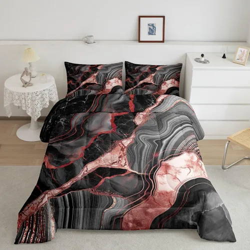 Miniatura 35 de Juego de edredón de mármol negro individual, ropa de cama dorada agrietada para adultos, hombres y mujeres, juegos de edredón de textura metálica