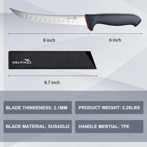 Miniatura 7 de Cuchillo curvado de 8 pulgadas con funda y mango SoftGrip, cuchillo para cortar carne, acero japonés de alto carbono (8 pulgadas)