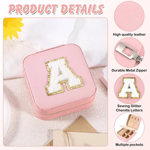 Miniatura 3 de URSKYTOUS Joyero de viaje con inicial, pequeño organizador de joyas, color rosa, portátil, personalizado, para adolescentes, niñas, mujeres, regalo