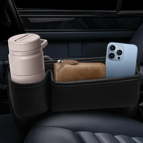 Miniatura 2 de Portavasos de cuero para automóvil, 2 piezas, relleno de huecos para asiento de automóvil con portavasos para tazas, gafas, tarjeta y llave Negro