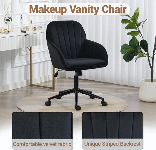 Miniatura 3 de Silla de Oficina para Hogar, Silla Moderna de Maquillaje de Terciopelo con Base Dorada y Ruedas, Silla de Escritorio Giratoria con Altura Ajustable