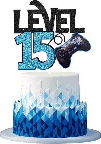 Decoración para pastel de cumpleaños de nivel 15 – Videojuego de 15 cumpleaños para niño de 15 años, suministros de pastel azul – Decoración de
