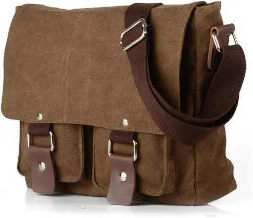 Miniatura 2 de morral de cuero y lona para computadora portátil + morral de lona para cámara Dslr Slr, marrón (2)