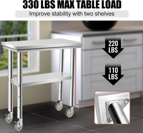 Miniatura 7 de Mesa de acero inoxidable para preparación de 30 x 12 pulgadas, mesa de trabajo resistente con 4 ruedas para cocina comercial, restaurante, hogar