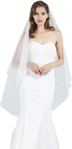 BEAUTELICATE Velo de boda nupcial de 2 niveles para mujer, borde cortado, longitud hasta la rodilla con peine, color blanco marfil