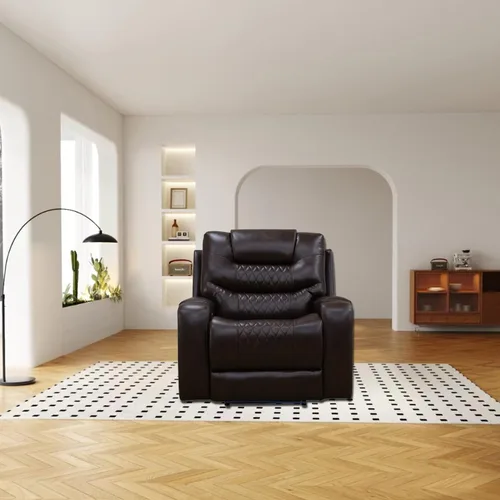 Miniatura 19 de Sofá reclinable eléctrico, sillón reclinable de cuero con LED/almacenamiento, sillón reclinable de cine en casa de 3 plazas, sofá de cuero negro