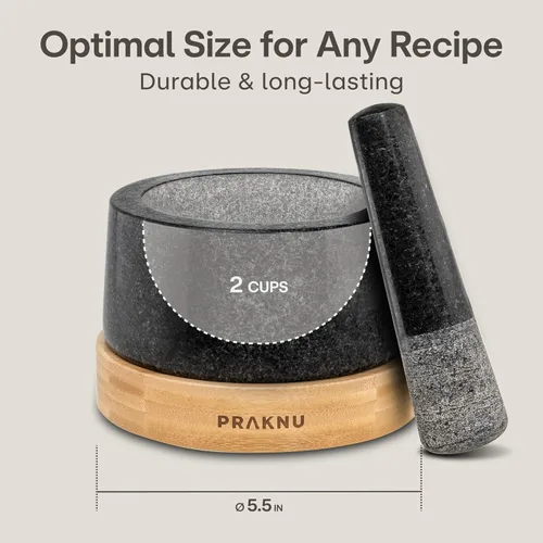 Miniatura 4 de Praknu Juego de mortero y mortero grande de 2 tazas, molinillo de piedra resistente para especias y hierbas, molcajete de granito duradero, cuenco