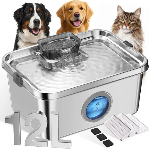 Fuente de agua para perros de 12 litros, fuente de agua de acero inoxidable para perros grandes, gatos, hogar múltiple, fuente silenciosa para