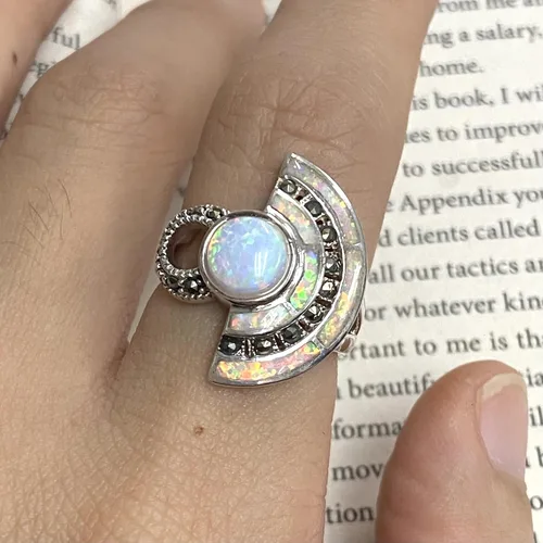 Miniatura 3 de Art Deco Style Egyptian Wallace Simpson Ring with Gilson Opal and Marcasite Stone 925 Sterling Silver