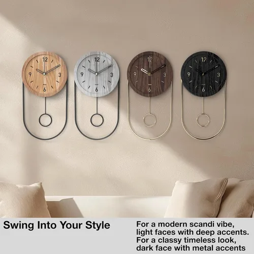 Miniatura 6 de Driini Reloj de pared decorativo con péndulo (negro) – Madera moderna, números dorados 3D, marco de metal – Relojes de pared pequeños y únicos