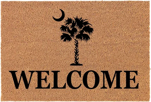 Felpudo de bienvenida, fibra de coco para puerta, regalo de bienvenida con árbol de palmera, Carolina del Sur (30 x 18 pulgadas)