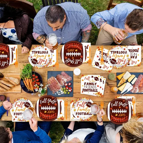 Miniatura 7 de 96 piezas de suministros para fiesta de otoño de fútbol, vajilla rústica de fútbol y otoño, platos, servilletas, hojas de arce, decoración de mesa