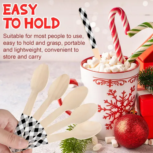Miniatura 3 de Umigy 100 cucharas de madera desechables de 5.5 pulgadas, cucharas de madera desechables de Navidad con patrón de cuchara de madera para chocolate