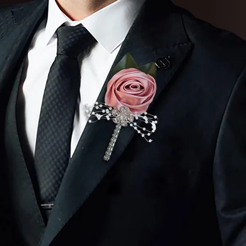 Boutonniere de flores artificiales, paquete de 2 piezas para boda, tela de seda sintética, rosa Boutonniere para iglesia, boda, equipo, novio, Rosa