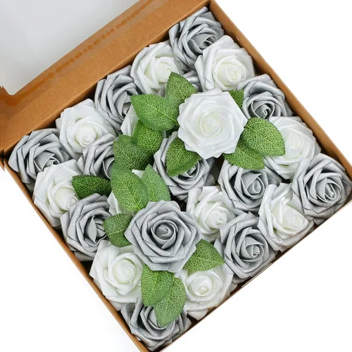 Miniatura 40 de Higfra Flores artificiales, 25 rosas falsas de espuma de aspecto real con tallos para ramos de boda, centros de mesa de despedida de soltera, Brillo
