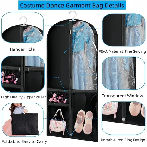 Miniatura 3 de Bolsa de ropa transparente para disfraz de baile, bolsa de ropa de 39 pulgadas para competiciones de baile, funda de ropa colgante para niños