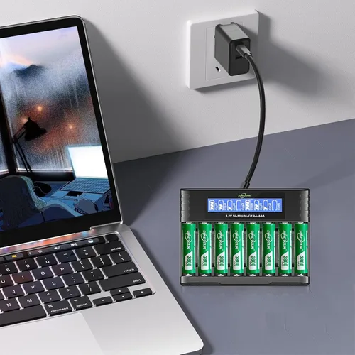 Miniatura 7 de Batería AA Ni-MH de 2800 mAh con cargador 8 pilas AA Ni-MH de 2800 mAh con 8 ranuras para cargador de batería, recarga hasta 1200 ciclos