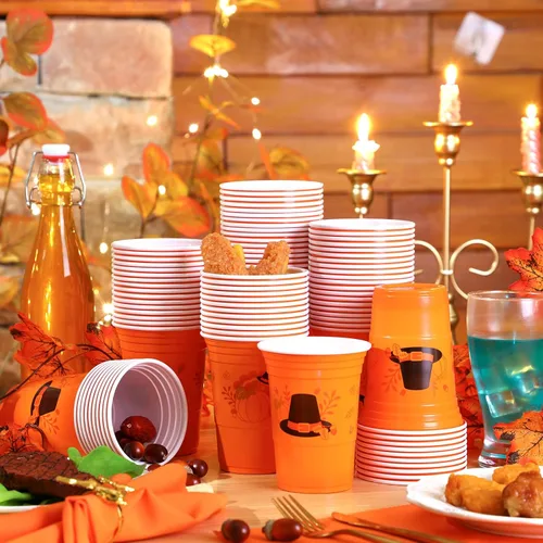 Miniatura 6 de Sliner 60 vasos de plástico de 16 onzas para Acción de Gracias, suministros para fiesta de Acción de Gracias, vasos desechables de color naranja