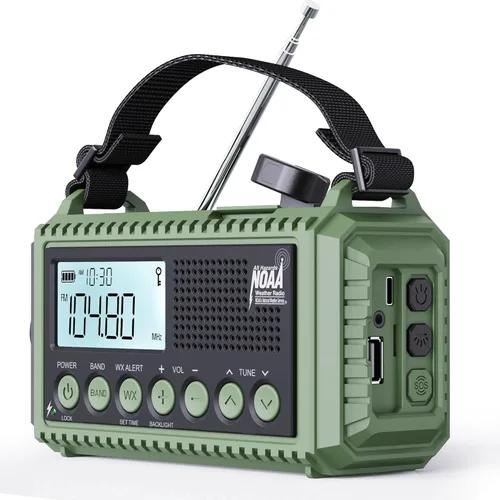 Radio de emergencia de 12000 mAh - Alerta meteorológica AUTO NOAA, manivela solar AM/FM/SW/NOAA, linterna, cargador de teléfono, sirena SOS, kit de