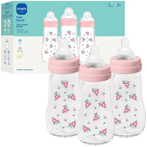 Miniatura 11 de MAM Biberón de cuello ancho anticólicos de vidrio puro Feel Good de 9 onzas, pezón de silicona suave de flujo medio, fácil de limpiar, sin BPA, más