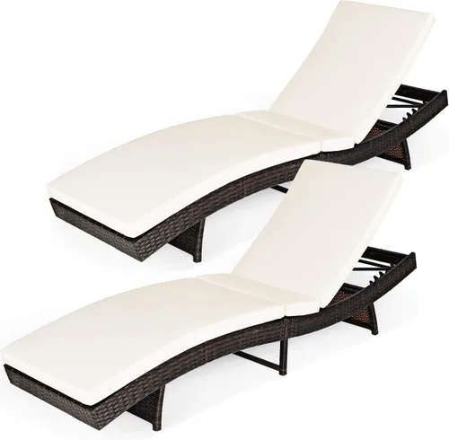 Tangkula Tumbona para exteriores, silla de ratán para patio con cojín grueso extraíble, 5 niveles ajustables, silla de mimbre reclinable de ocio