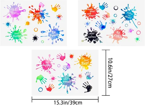 Miniatura 5 de PLIGREAT 3 hojas coloridas de huellas de manos salpicadas de pintura, citas inspiradoras, calcomanías de pared extraíbles de vinilo para despegar