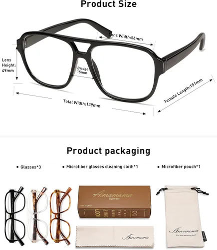 Miniatura 6 de AMOMOMA Paquete de 3 lentes de lectura de gran tamaño con bisagra de resorte de aviador para mujeres y hombres, marco retro para lector